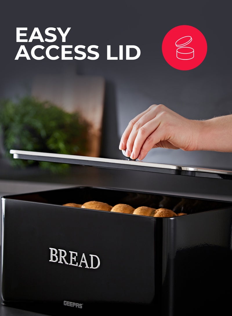 GEEPAS 13 L Bread Bin Retro-Style | Carbon Steel Bread Box with Air-Circulation Freshness System | Easy-Clean Smooth Finish, Portable Countertop Storage for Bread | Pastries & Snacks  GCS63081UK-BK Black - Image 4